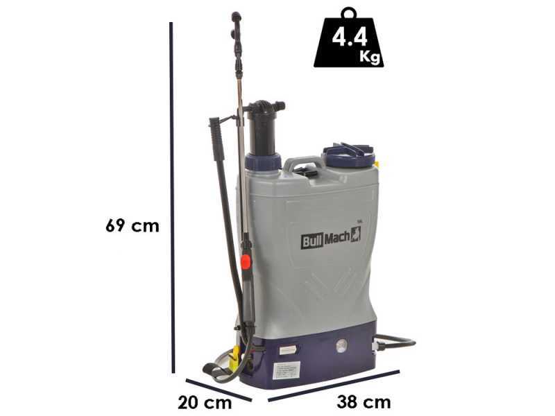 BullMach Pandora 16EM LA - Pompa irroratrice a spalla elettrica a batteria e manuale - 12V - 8Ah