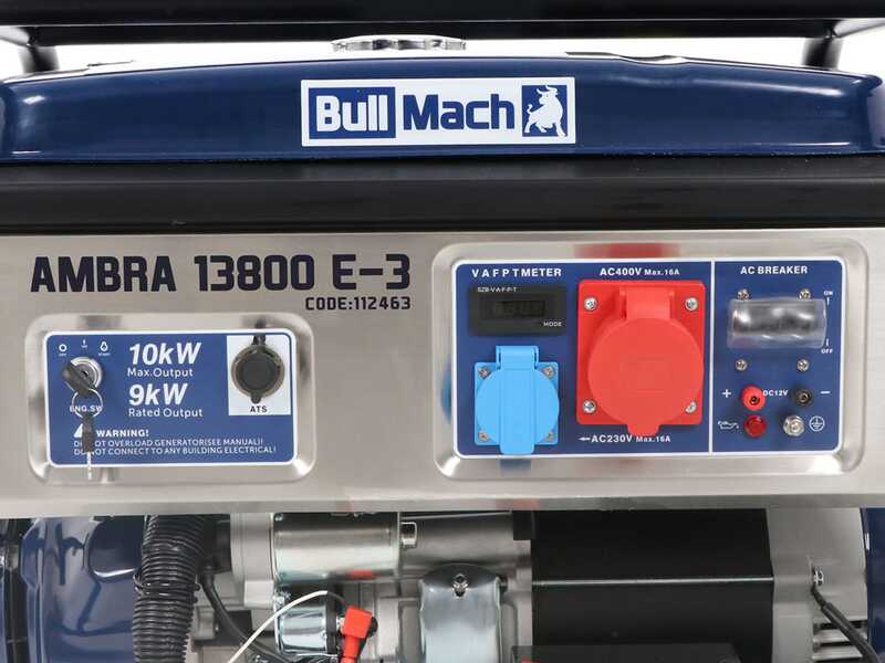 BullMach AMBRA 13800 E-3 - Generatore di corrente carrellato a benzina con AVR 10 kW - Continua 9 kW Trifase + ATS