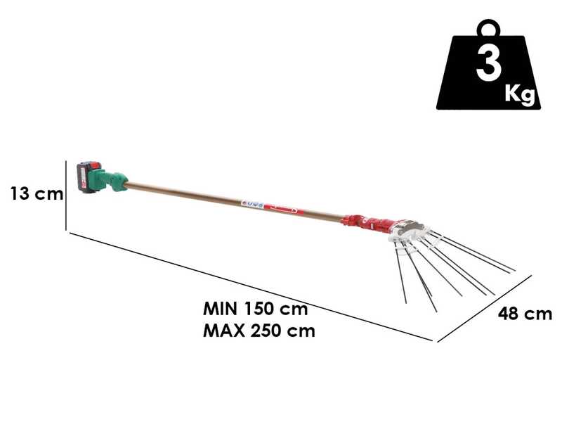 Sbaraglia Super23 Cordless - Abbacchiatore elettrico a batteria - Asta telescopica in alluminio 150-250cm - 3x (21V-5.2Ah)