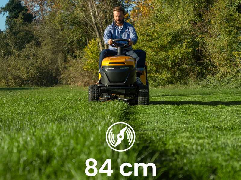 Stiga Estate 384e - Kit Trattorino tagliaerba con 2 moduli batteria ePower Pro da 56V/40Ah - Cesto di raccolta e mulching