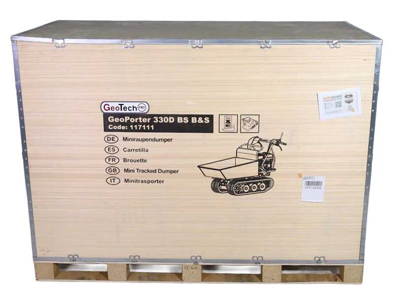 GeoTech Pro GeoPorter 330D B&amp;S - Motocarriola cingolata cassone dumper con 6 rulli - 300Kg