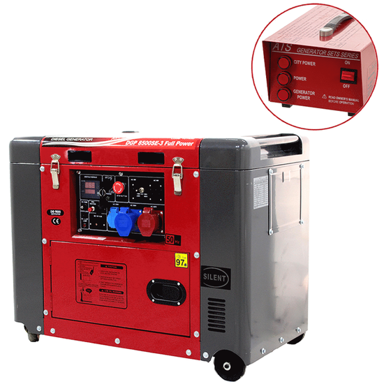 GeoTech Pro DGP8500SE-3 - Generatore di corrente diesel silenziato carrellato con AVR 6.0 kW - Continua 5.5 kw Full-Power + ATS Trifase