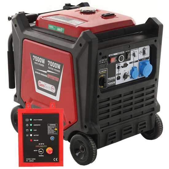 GeoTech Pro PTGA 9000 - Generatore di corrente carrellato a benzina silenziato ad inverter 7.5 kW - Continua 7 kW Monofase+ ATS