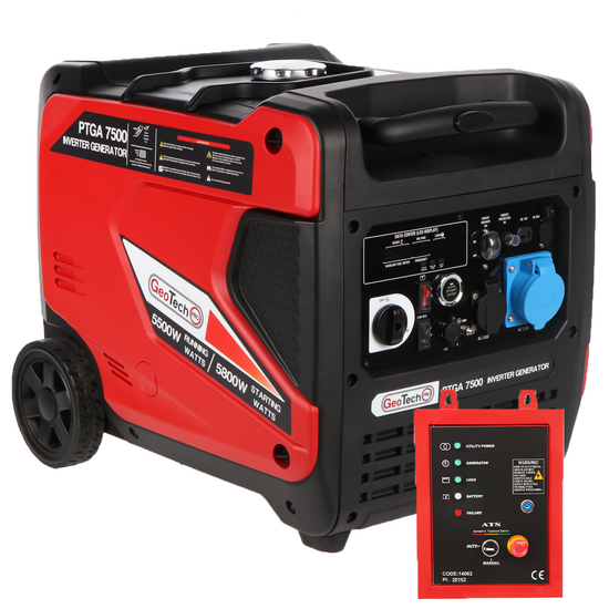 GeoTech Pro PTGA 7500 - Generatore di corrente ad inverter silenziato carrellato 5,8 kW - Continua 5,5 kW Monofase + ATS