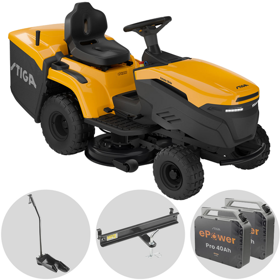 Stiga Estate 384e - Kit Trattorino tagliaerba con 2 moduli batteria ePower Pro da 56V/40Ah - Cesto di raccolta e mulching