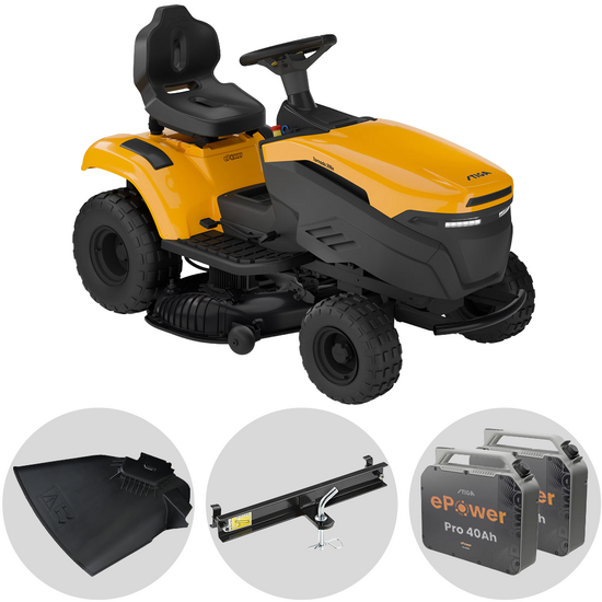 Stiga Tornado 398e - Kit Trattorino tagliaerba con 2 moduli batteria ePower Pro da 56V/40Ah - Scarico laterale e mulching