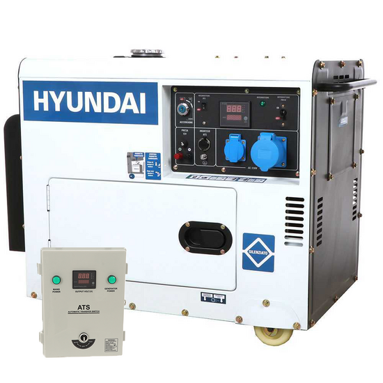 Hyundai DHY8000SE - Generatore di corrente diesel silenziato carrellato con AVR 6.3 kW - Continua 6 kW Monofase + ATS
