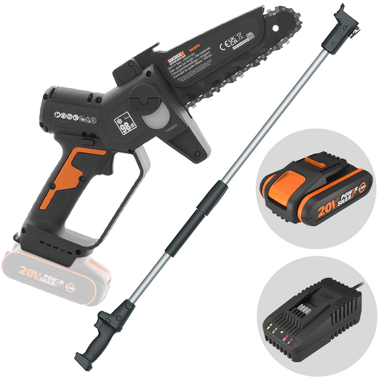 Worx WG327E - Potatore manuale a batteria + asta di prolunga 125cm - 20V 2Ah