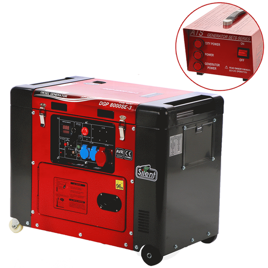 GeoTech Pro DGP8000SE-3 - Generatore di corrente diesel silenziato carrellato con AVR 6 kW - Continua 5.5 kW Trifase + ATS